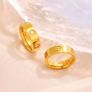 Love Friendship Gold Rings for Women:Wedding Band 18k Gold Ring Cubic Zirconia Stainless Steel Promise Ring Jewelry Birthday Gifts for Women,Size 6-10