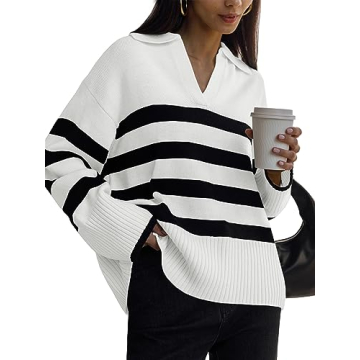 LILLUSORY Womens Striped Oversized V Neck Trendy Sweaters Long Sleeve Tops Fall Fashion Clothes Outf...
