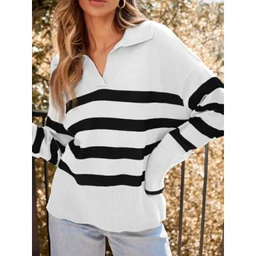 LILLUSORY Womens Striped Oversized V Neck Trendy Sweaters Long Sleeve Tops Fall Fashion Clothes Outfits 2025 White Small