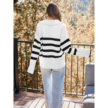 LILLUSORY Womens Striped Oversized V Neck Trendy Sweaters Long Sleeve Tops Fall Fashion Clothes Outfits 2025 White Small