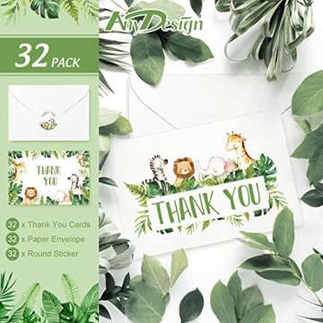 AnyDesign 32 Safari Jungle Thank You Cards with Envelopes Stickers Forest Wild Animals Greenery Gree...