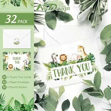 AnyDesign 32 Safari Jungle Thank You Cards with Envelopes Stickers Forest Wild Animals Greenery Gree...
