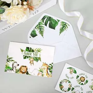 AnyDesign 32 Safari Jungle Thank You Cards with Envelopes Stickers Forest Wild Animals Greenery Greeting Note Cards Gratitude Card Pack for Kids Baby Girls Boy Birthday Baby Shower Party Supplies