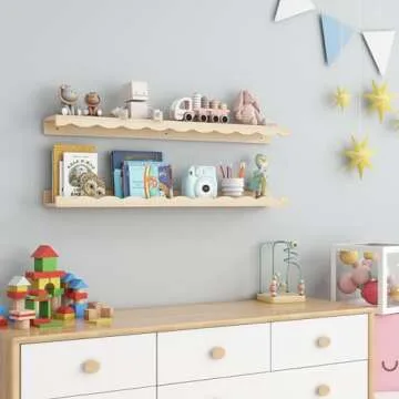 Fun Memories Picture Ledge Shelf for Wall, 36 inch Pine Wood Nursery Book Shelves Set of 2- Wall Boo...