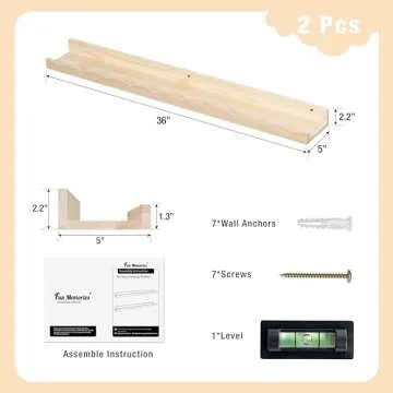 Fun Memories Picture Ledge Shelf for Wall, 36 inch Pine Wood Nursery Book Shelves Set of 2- Wall Book Shelves for Kids Room, Home Decor - Kitchen Spice-Natural