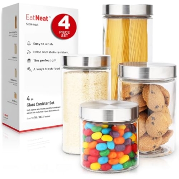 EatNeat Set of 4 Glass Canisters with Stainless Steel Lids - Sleek Airtight Glass Storage Containers...