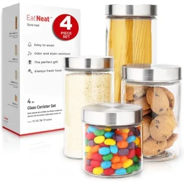 EatNeat Set of 4 Glass Canisters with Stainless Steel Lids - Sleek Airtight Glass Storage Containers...