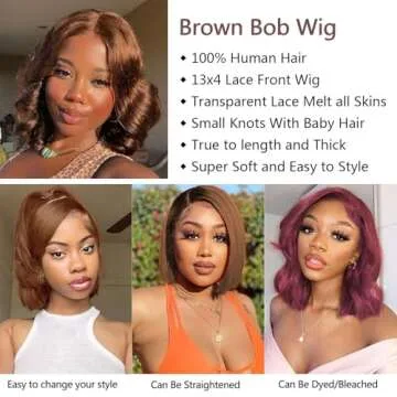 Brown Bob Wig Human Hair 13x4 Frontal Lace Wig 14 Inch Body Wave HD Lace Front Wigs Human Hair Pre Plucked Glueless Bob Wigs for Women Human Hair (#4 Brown, 14 Inch)