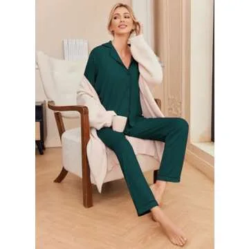 Ekouaer Pajamas Women's Long Sleeve Sleepwear Soft Button Down Loungewear Pjs Lounge Set Nightwear,Dark Green,Medium
