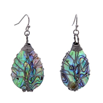 Handmade Teardrop Abalone Shell Dangle Earrings - Unique Tree of Life Design
