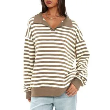 Darong Women's Cozy Polo Neck Sweatshirt Striped Oversized