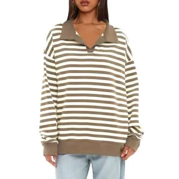 Darong Women's Cozy Polo Neck Sweatshirt Striped Oversized