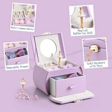 Vlando Kids Musical Jewelry Box for Girls with Drawer, Music Box with Ballerina and Stickers for Bir...