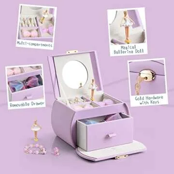 Vlando Kids Musical Jewelry Box for Girls with Drawer, Music Box with Ballerina and Stickers for Bir...