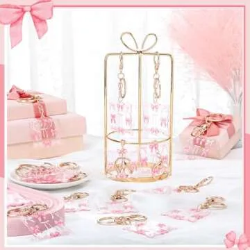Misdary 24 Pcs Pink Bow Party Favor Keychain Acrylic Coquette Birthday Party Favor Keychain Bulk Coquette Pink Bow Key Ring Graduation Gift for Birthday Cheer Dance Team Friends Gift