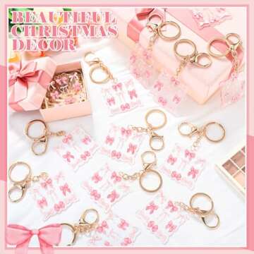 Misdary 24 Pcs Pink Bow Party Favor Keychain Acrylic Coquette Birthday Party Favor Keychain Bulk Coquette Pink Bow Key Ring Graduation Gift for Birthday Cheer Dance Team Friends Gift