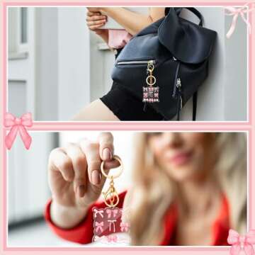 Misdary 24 Pcs Pink Bow Party Favor Keychain Acrylic Coquette Birthday Party Favor Keychain Bulk Coquette Pink Bow Key Ring Graduation Gift for Birthday Cheer Dance Team Friends Gift