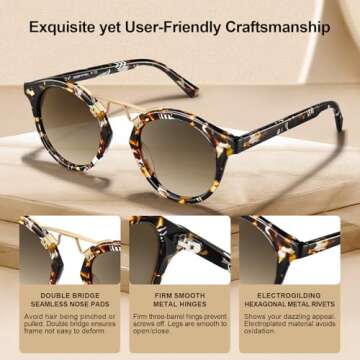CARFIA Double Bridge Small Brown Acetate Sunglasses for Women Polarized, Retro Metal Brow Lady Sunnies Fashion Round Eyewears