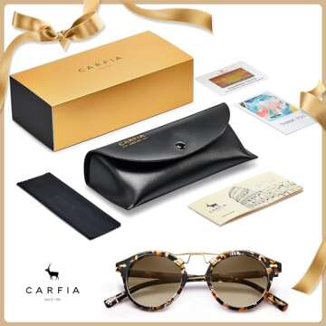 CARFIA Double Bridge Small Brown Acetate Sunglasses for Women Polarized, Retro Metal Brow Lady Sunnies Fashion Round Eyewears