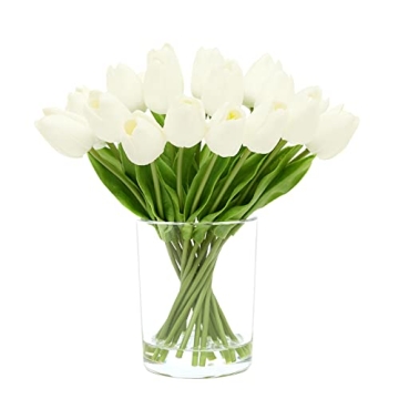 WELL KNOWN 20 Pcs White Tulips Artificial Flowers in Vase - Real Touch Faux Tulips with Faux Water f...