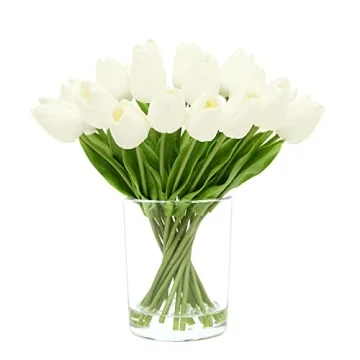 WELL KNOWN 20 Pcs White Tulips Artificial Flowers in Vase - Real Touch Faux Tulips with Faux Water f...
