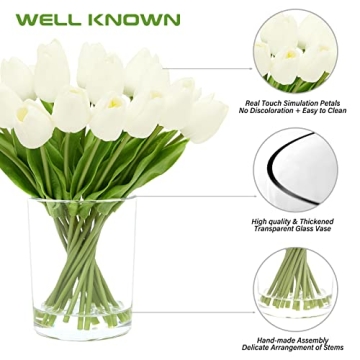 Stunning 20 Pcs White Tulips in Glass Vase for Home Decor