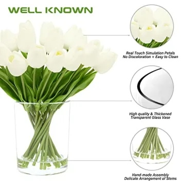 Stunning 20 Pcs White Tulips in Glass Vase for Home Decor