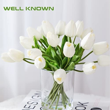 Stunning 20 Pcs White Tulips in Glass Vase for Home Decor