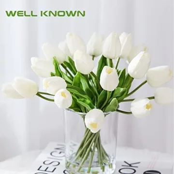 Stunning 20 Pcs White Tulips in Glass Vase for Home Decor