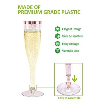 Kukuzon 50 Pack Rose Gold Glitter Plastic Champagne Flutes, Disposable Wine Glasses 6.5 Oz Rose Gold Rim Champagne Flutes, Glitter Clear Plastic Champagne Cups for Wedding Party Mimosa Bar Shower