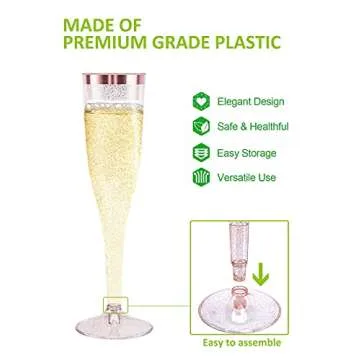 Kukuzon 50 Pack Rose Gold Glitter Plastic Champagne Flutes, Disposable Wine Glasses 6.5 Oz Rose Gold Rim Champagne Flutes, Glitter Clear Plastic Champagne Cups for Wedding Party Mimosa Bar Shower