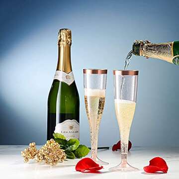Kukuzon 50 Pack Rose Gold Glitter Plastic Champagne Flutes, Disposable Wine Glasses 6.5 Oz Rose Gold Rim Champagne Flutes, Glitter Clear Plastic Champagne Cups for Wedding Party Mimosa Bar Shower