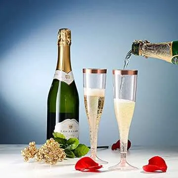 Kukuzon 50 Pack Rose Gold Glitter Plastic Champagne Flutes, Disposable Wine Glasses 6.5 Oz Rose Gold Rim Champagne Flutes, Glitter Clear Plastic Champagne Cups for Wedding Party Mimosa Bar Shower