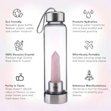 SAOI Crystal Water Bottle - Rose Quartz Gemstone Infused Elixir - Natural Wellness Healing - Glass/S...