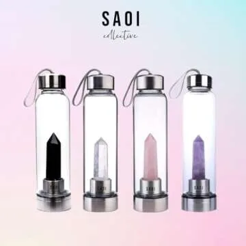 SAOI Crystal Water Bottle - Rose Quartz Gemstone Infused Elixir - Natural Wellness Healing - Glass/Stainless Steel
