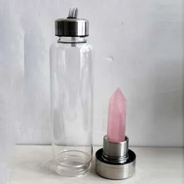 SAOI Crystal Water Bottle - Rose Quartz Gemstone Infused Elixir - Natural Wellness Healing - Glass/Stainless Steel