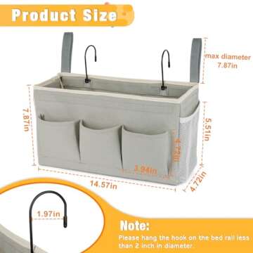 Lilithye Bedside Storage Organizer with Fixed Straps and Water Bottle Holder for Home, College, Dorm, Bunk / Hospital Bed, Crib Bed Rails (Grey)