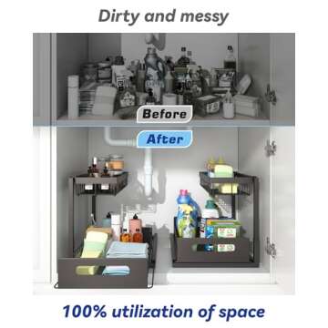 Merrylun Under Sink Organizers, 2 Pack Metal Pull Out Under Sink Organizers and Storage Shelves with Sliding Drawer, Under Sink Storage for Kitchen, Bathroom, Black, 2 Pack…