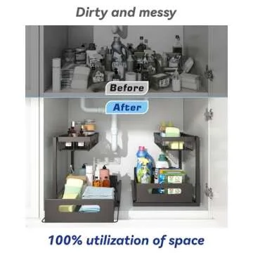 Merrylun Under Sink Organizers, 2 Pack Metal Pull Out Under Sink Organizers and Storage Shelves with Sliding Drawer, Under Sink Storage for Kitchen, Bathroom, Black, 2 Pack…
