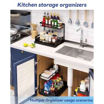 Merrylun Under Sink Organizers, 2 Pack Metal Pull Out Under Sink Organizers and Storage Shelves with Sliding Drawer, Under Sink Storage for Kitchen, Bathroom, Black, 2 Pack…