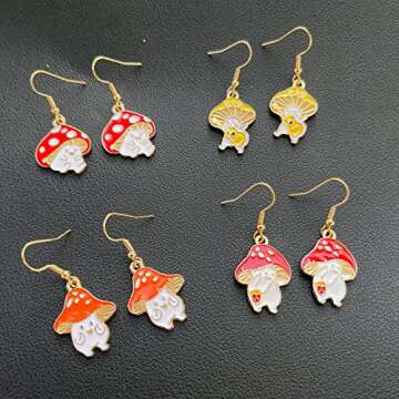 T-ztoss 4 Pairs Gold Fashion Woman Sweet Fresh Handmade Mushroom Drop Dangle earring Chic Charm Colorful Drop Oil Mushroom Food Earrings Cute Funny Plant Shape Ear Pendant Fashion Jewelry Gifts for Women(4 Pairs)