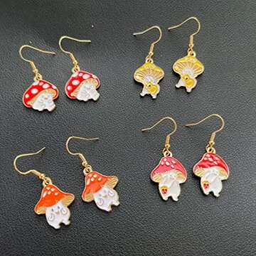 T-ztoss 4 Pairs Gold Fashion Woman Sweet Fresh Handmade Mushroom Drop Dangle earring Chic Charm Colorful Drop Oil Mushroom Food Earrings Cute Funny Plant Shape Ear Pendant Fashion Jewelry Gifts for Women(4 Pairs)