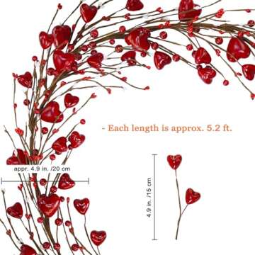 Winlyn 5.2' Valentine's Day Garland Red Heart and Berry Garland Red Heart Burgundy Berry Pip Berry A...