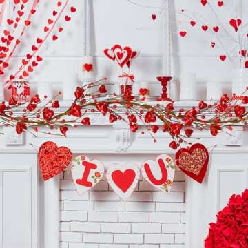 Winlyn 5.2' Valentine's Day Garland Red Heart and Berry Garland Red Heart Burgundy Berry Pip Berry Artificial Garland Decorations for Spring Wedding Valentine Fireplace Mantel Table Décor