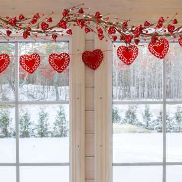 Winlyn 5.2' Valentine's Day Garland Red Heart and Berry Garland Red Heart Burgundy Berry Pip Berry Artificial Garland Decorations for Spring Wedding Valentine Fireplace Mantel Table Décor
