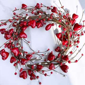 Winlyn 5.2' Valentine's Day Garland Red Heart and Berry Garland Red Heart Burgundy Berry Pip Berry Artificial Garland Decorations for Spring Wedding Valentine Fireplace Mantel Table Décor