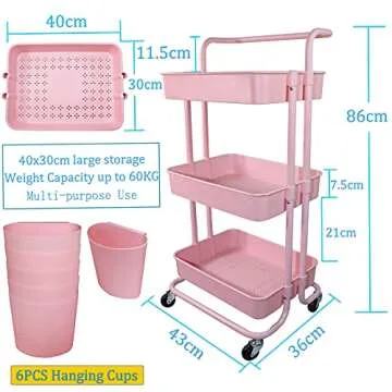Piowio 3 Tier Utility Storage Cart Rolling Cart Organizer Shelf with 6PCS Hanging Cups for Home Kitc...