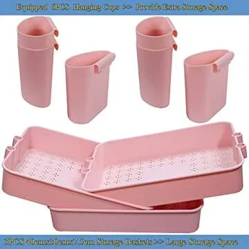 Piowio 3 Tier Utility Storage Cart Rolling Cart Organizer Shelf with 6PCS Hanging Cups for Home Kitchen Office Storage (Pink)