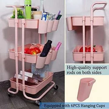 Piowio 3 Tier Utility Storage Cart Rolling Cart Organizer Shelf with 6PCS Hanging Cups for Home Kitchen Office Storage (Pink)