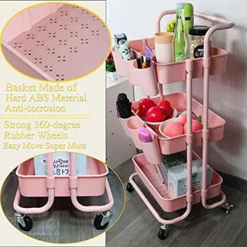 Piowio 3 Tier Utility Storage Cart Rolling Cart Organizer Shelf with 6PCS Hanging Cups for Home Kitchen Office Storage (Pink)